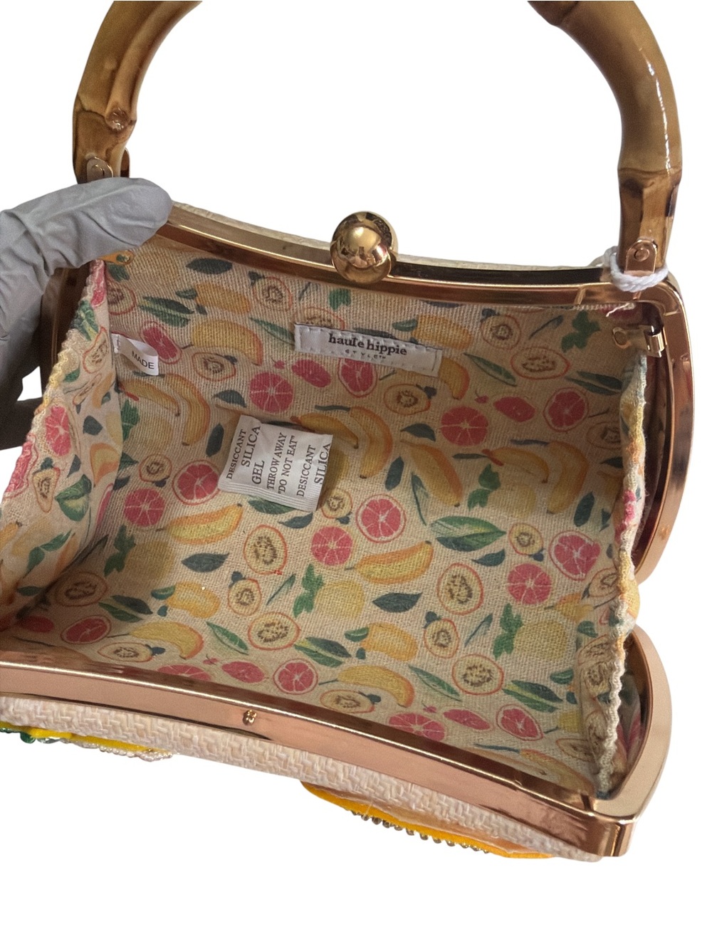 Haute Hippie Woven Straw Bamboo Handle Fruit Beaded Embroidered Crossbody Bag - Picture 9 of 11